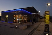 Erftstadt railway station: south-eastern view of station-cafe - dusk