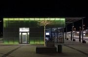 Erftstadt railway station: southern view of station-cafe at night