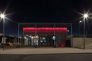Erftstadt railway station: eastern view of station-cafe at night