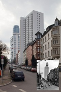 Henning Tower: photomontage new & old (hist. photo: Inst. f. Stadtgeschichte Frankfurt)