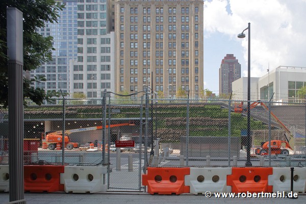 Liberty Park: suspended garden; in front: WTC's Vehicle Security Center access