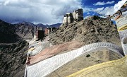 Tsemo castle at Leh: prayer flaggs connecting montains
